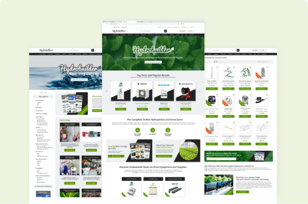 Showcase of the Hydrobuilder website, featuring their product listings and navigation for hydroponics supplies