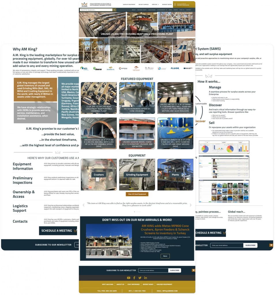 Original AM King website layout with construction equipment details.
