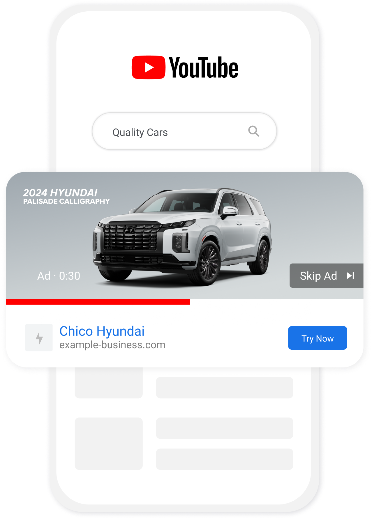 Illustration of Hyundai ad on YouTube with targeted advertising and call to action.