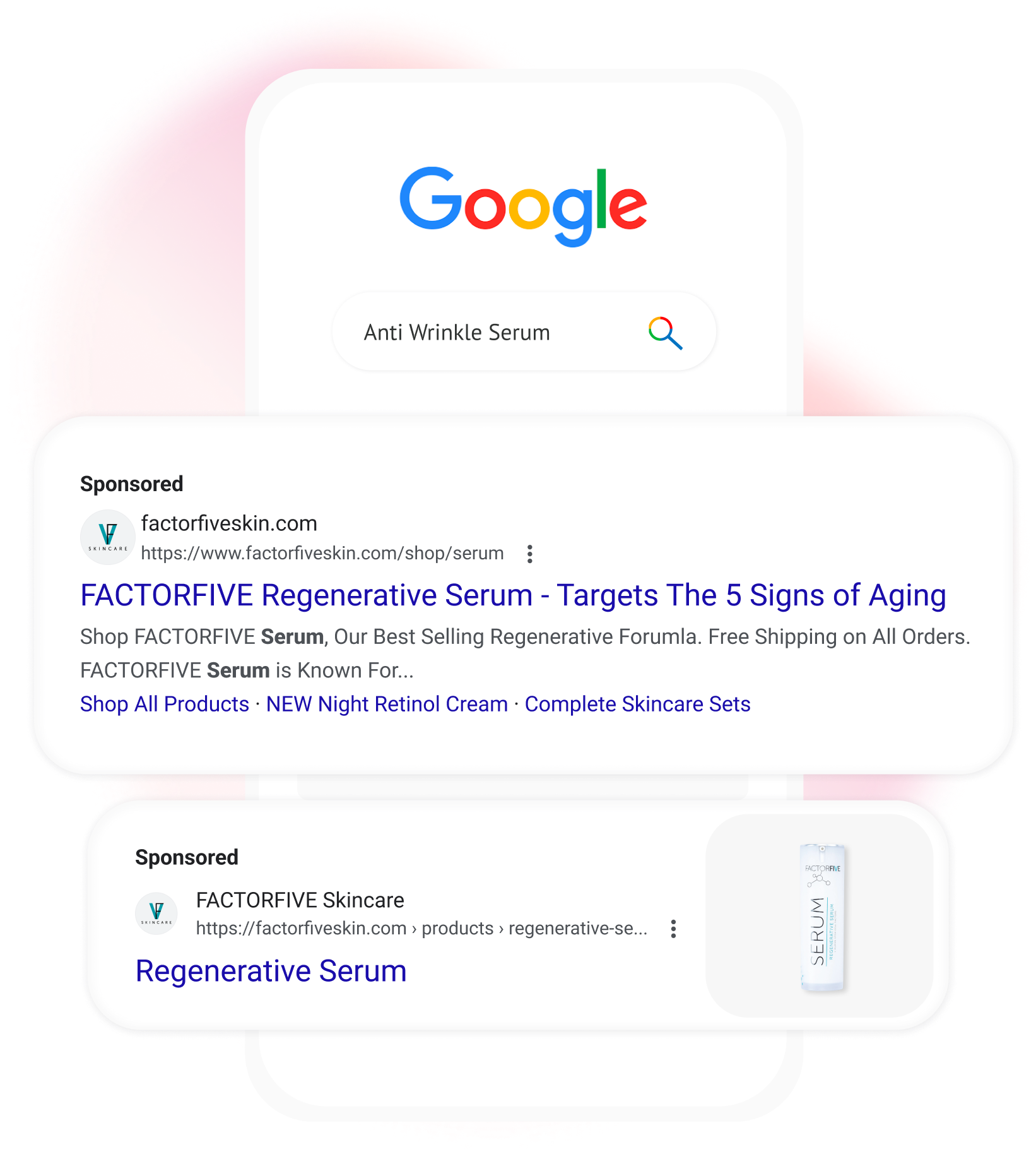 Google Search ads for FactorFive's serum, showcasing digital skincare marketing.
