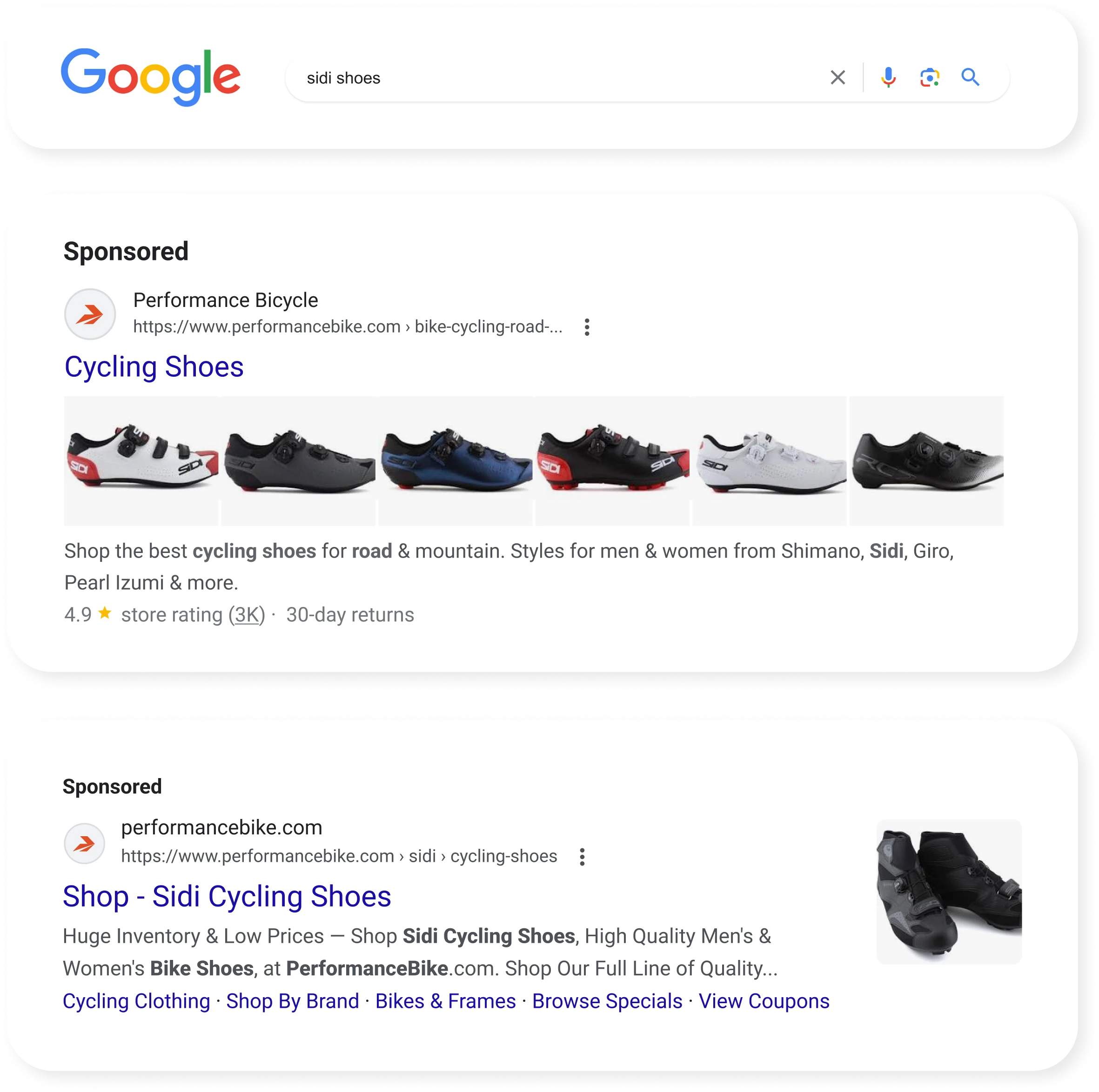 Performance Bicycle's targeted Google Ads campaign featuring cycling shoes and apparel.