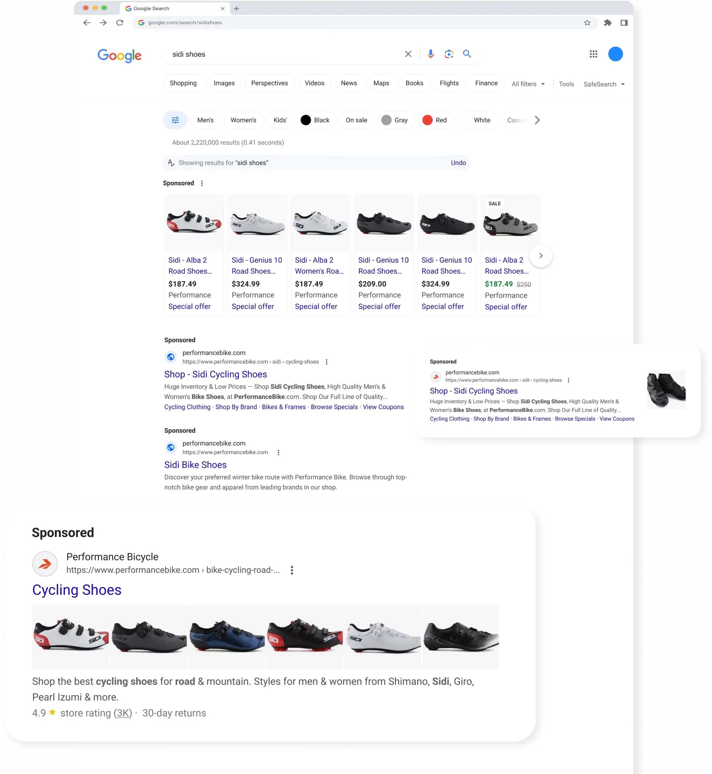Google search page displaying Performance Bicycle's sponsored ads for Sidi cycling shoes.