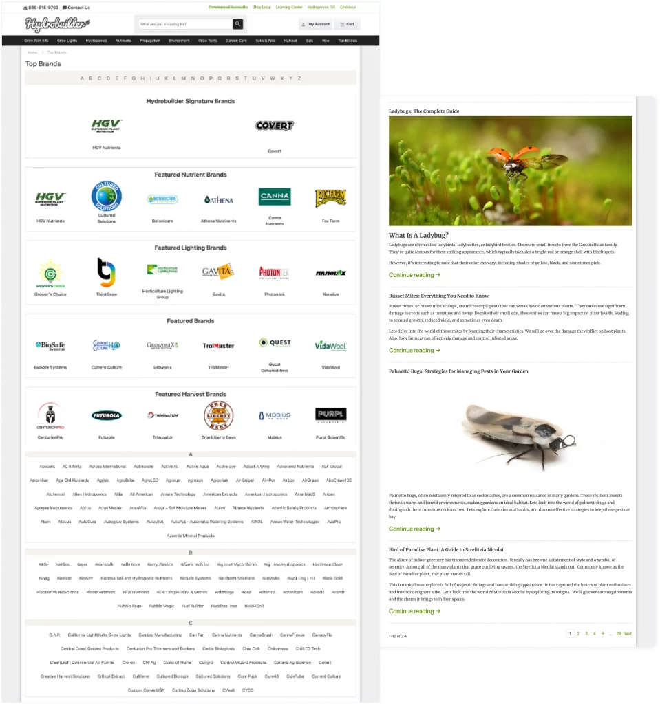 The original interface of the Hydrobuilder e-commerce site, highlighting the top brands and initial user interface