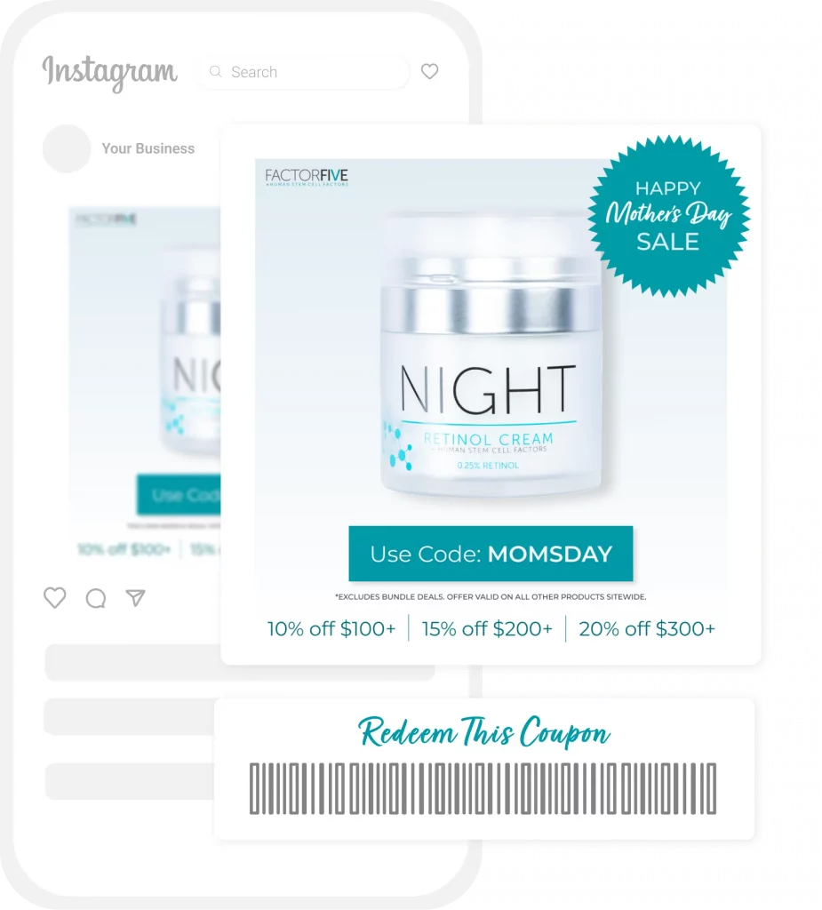 Instagram ad for Factor Five Night Cream, Mother’s Day discounts with code MOMSDAY.