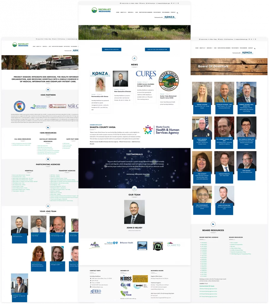 Original SacValley MedShare website interface featuring board of directors and partner organizations.