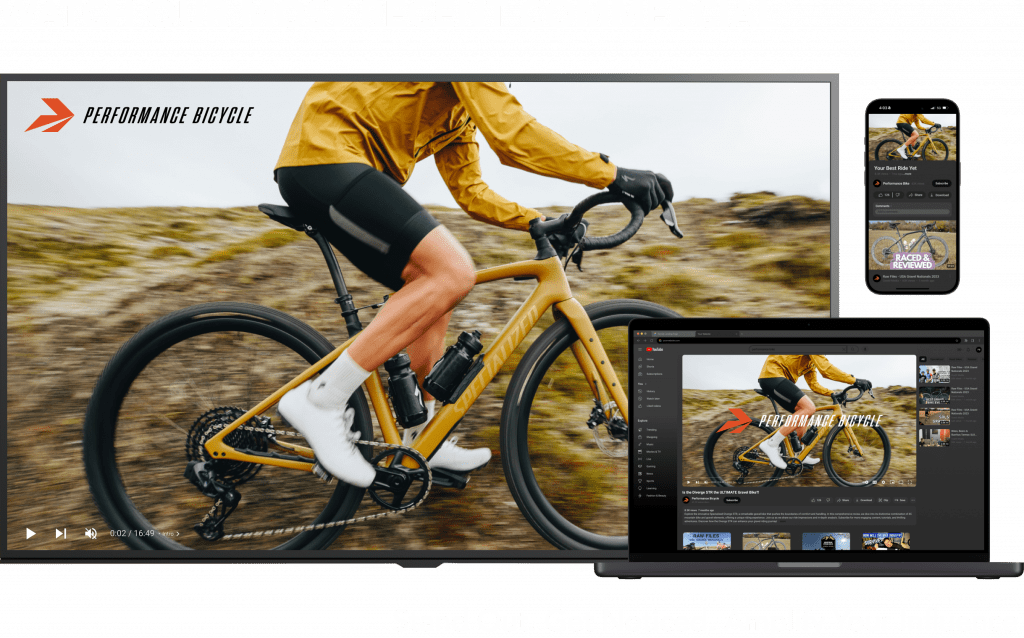 Performance Bicycle commercial on laptop, tablet, and phone, highlighting a focus on digital marketing.