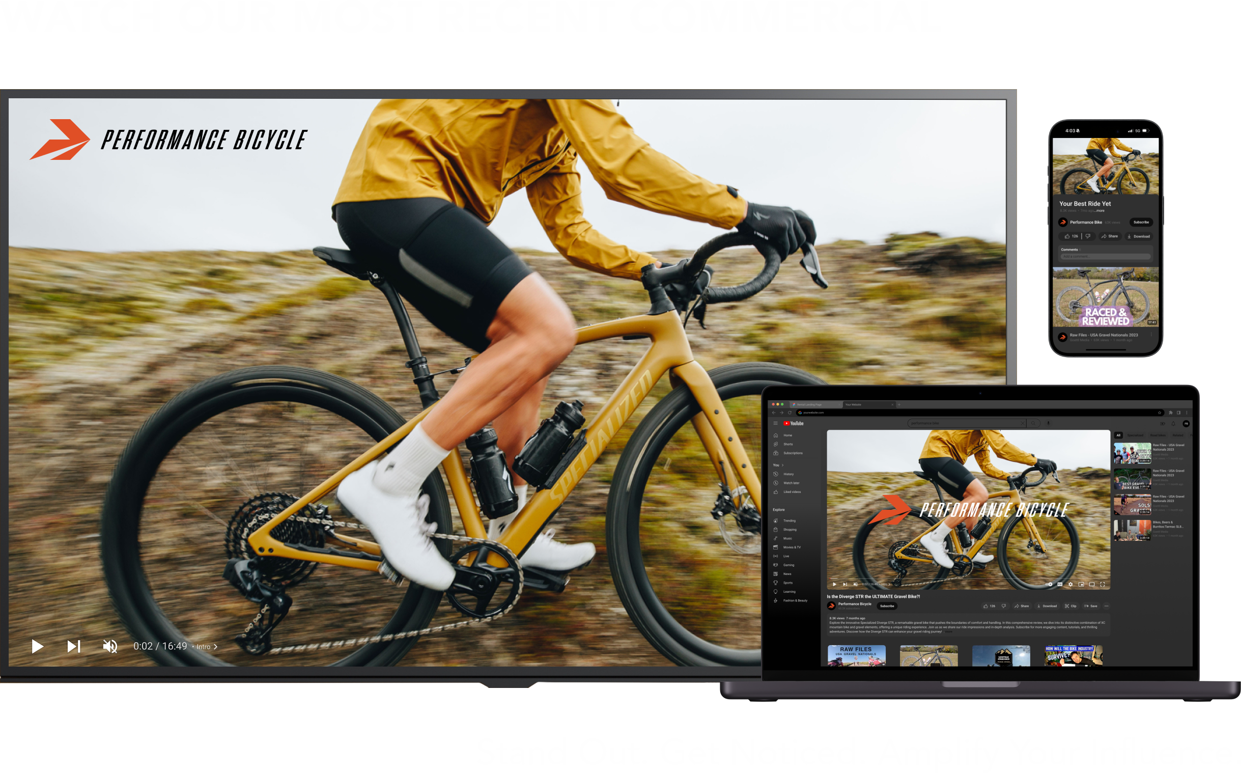 Performance Bicycle commercial displayed on a laptop, tablet, and smartphone, emphasizing the brand’s focus on digital marketing.
